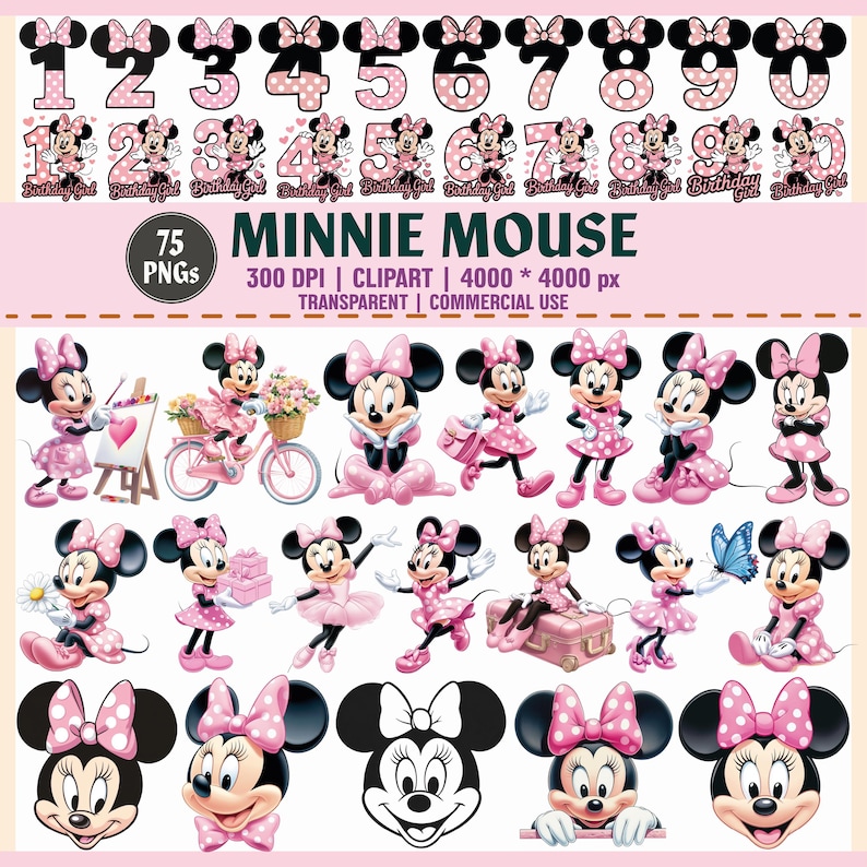 May include: A collection of 75 Minnie Mouse PNG images. The images include numbers 1-9 with polka dot bows, Minnie Mouse illustrations in various poses, and the text "Birthday Girl". The images are transparent and suitable for commercial use.