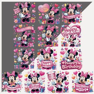 May include: A sheet of Minnie Mouse stickers. Minnie is shown in various poses, holding signs that say "Birthday Girl" and "Happy Birthday." The stickers feature pink bows, hearts, butterflies, and gift boxes.