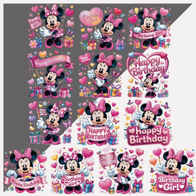 May include: A sheet of Minnie Mouse stickers. Minnie is shown in various poses, holding signs that say "Birthday Girl" and "Happy Birthday." The stickers feature pink bows, hearts, butterflies, and gift boxes.