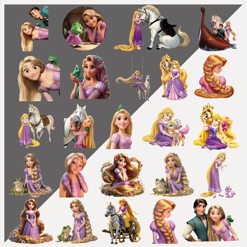 May include: A collection of Rapunzel-themed stickers featuring the princess in various poses with her long blonde hair. The stickers showcase Rapunzel with her animal friends, horses, and other characters from the movie. The color palette includes shades of purple, pink, and gold.