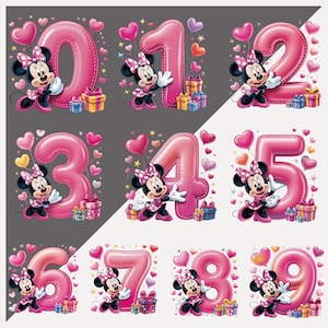May include: A set of pink number illustrations from zero to nine, each with Minnie Mouse. The numbers are surrounded by hearts, stars, and gift boxes, creating a celebratory theme. The numbers are in a bubble letter style.
