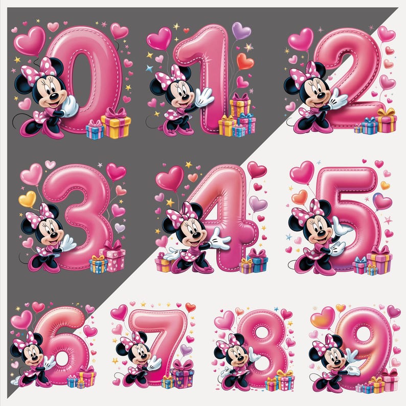 May include: A set of pink number illustrations from zero to nine, each with Minnie Mouse. The numbers are surrounded by hearts, stars, and gift boxes, creating a celebratory theme. The numbers are in a bubble letter style.