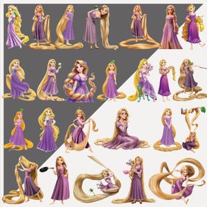 May include: A collection of illustrations featuring a princess with long blonde hair. The princess is depicted in various poses, wearing purple dresses. Some illustrations show her with a pet deer or holding a frying pan.