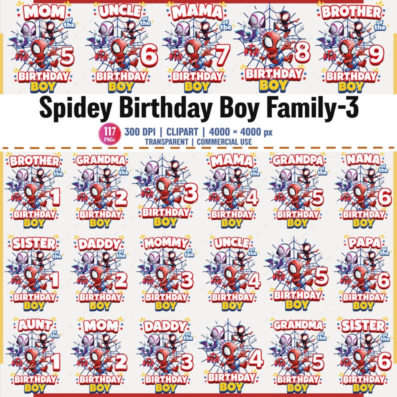 May include: A collection of Spidey Birthday Boy family-themed digital designs. Each design features Spider-Man with a number and a family member's title, such as "Mom," "Uncle," or "Brother." The designs are in red, blue, and white, with a web background.