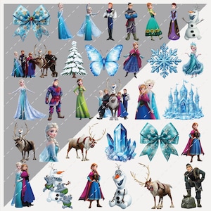 Op de afbeelding: Een verzameling verschillende afbeeldingen met het thema Frozen. De afbeeldingen bevatten personages als Elsa, Anna, Olaf en Kristoff, samen met sneeuwvlokken, een kasteel en een blauwe strik. Het kleurenpalet wordt gedomineerd door blauw, wit en paars.
