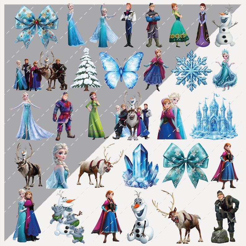 Op de afbeelding: Een verzameling verschillende afbeeldingen met het thema Frozen. De afbeeldingen bevatten personages als Elsa, Anna, Olaf en Kristoff, samen met sneeuwvlokken, een kasteel en een blauwe strik. Het kleurenpalet wordt gedomineerd door blauw, wit en paars.