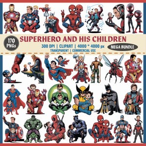 May include: A digital art collection featuring various superheroes and their children. The illustrations showcase characters like Iron Man, Captain America, and Spider-Man, with the text "SUPERHERO AND HIS CHILDREN" and details about the bundle.
