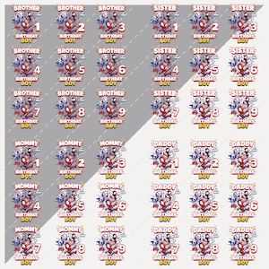 May include: Sheet of birthday stickers featuring Spider-Man graphics. Designs include "Brother," "Sister," "Mommy," and "Daddy," with numbers 1-9. Each sticker has a "Birthday Boy" message.