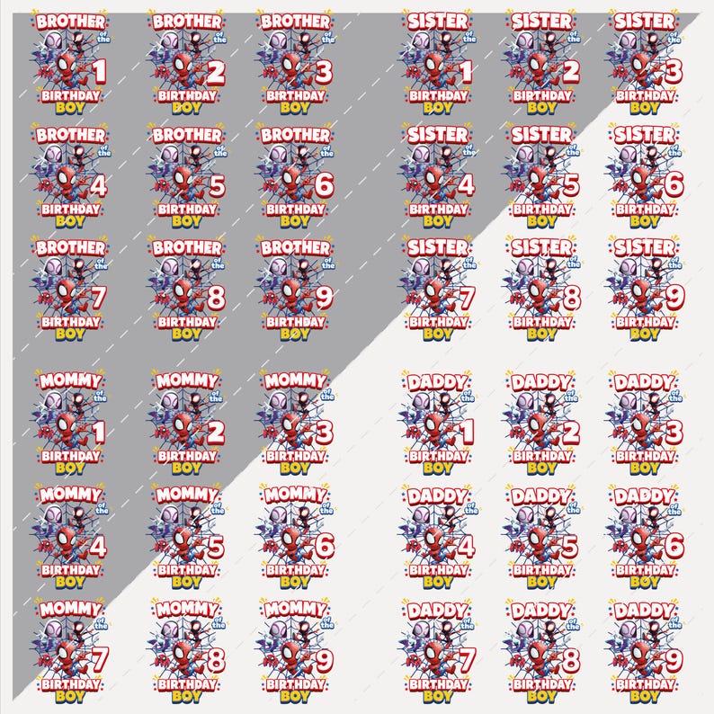 May include: Sheet of birthday stickers featuring Spider-Man graphics. Designs include "Brother," "Sister," "Mommy," and "Daddy," with numbers 1-9. Each sticker has a "Birthday Boy" message.