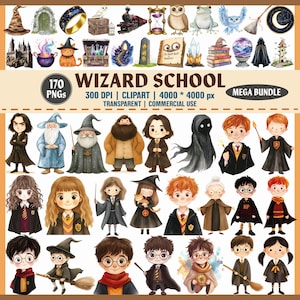May include: A digital art bundle featuring illustrations of wizards, witches, and magical items. The image includes characters, a school, a cat, a cauldron, a train, and other fantasy elements. The text "WIZARD SCHOOL" is displayed.
