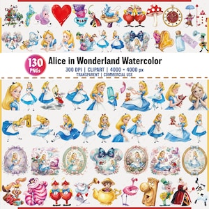 Könnte beinhalten: Eine Sammlung von 130 Aquarell-Cliparts mit Charakteren und Elementen aus Alice im Wunderland. Die Bilder zeigen Alice in einem blauen Kleid, Teetassen, Herzen und andere ikonische Bilder. Der Text lautet "Alice in Wonderland Watercolor".