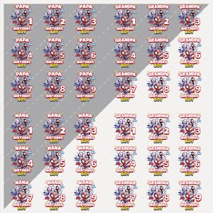 May include: Sheet of personalized Spider-Man themed birthday stickers. Each sticker features a Spider-Man graphic, the words "Birthday Boy", and a number from 1 to 9. Includes stickers for Papa, Grandpa, Nana, and Grandma.