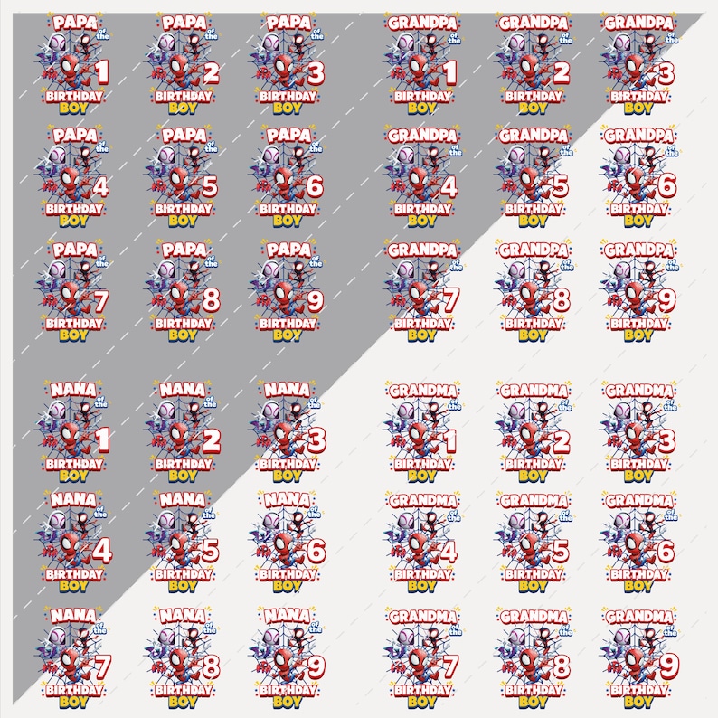 May include: Sheet of personalized Spider-Man themed birthday stickers. Each sticker features a Spider-Man graphic, the words "Birthday Boy", and a number from 1 to 9. Includes stickers for Papa, Grandpa, Nana, and Grandma.