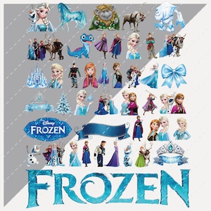 Op de afbeelding: Een verzameling afbeeldingen met het thema Disney Frozen, waaronder personages als Elsa, Anna, Olaf en Kristoff. De afbeeldingen tonen verschillende poses en sc&egrave;nes uit de film, met een blauw en wit kleurenschema. Het woord "Frozen" wordt weergegeven in grote, blauwe, gestileerde letters.