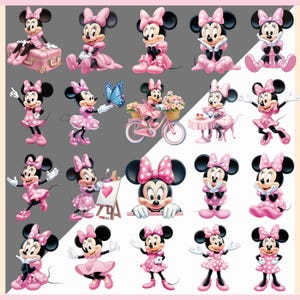 May include: A collection of Minnie Mouse illustrations in various poses. Minnie is depicted in pink dresses and bows, with some images showing her with a butterfly, a bicycle, and an easel. The background is a mix of gray and white.
