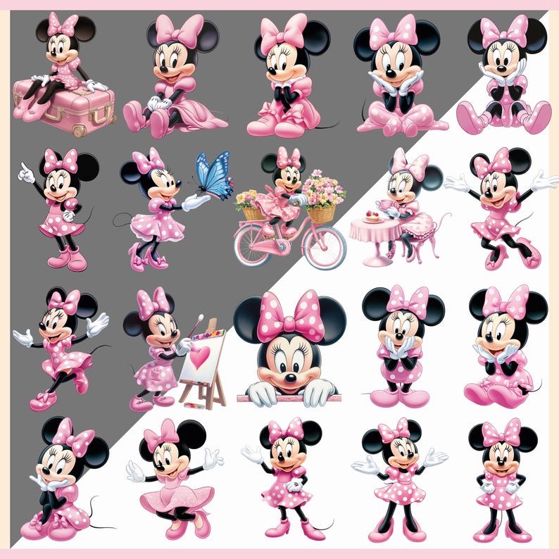 May include: A collection of Minnie Mouse illustrations in various poses. Minnie is depicted in pink dresses and bows, with some images showing her with a butterfly, a bicycle, and an easel. The background is a mix of gray and white.