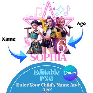 May include: Digital graphic of three animated female figures with microphones, set against a neon starburst with musical notes and stars. The name "SOPHIA" is in pink, with prompts for name and age.