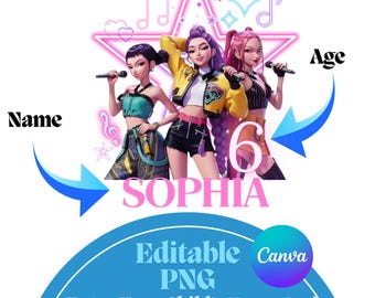 May include: A digital graphic featuring three animated female figures holding microphones, set against a neon starburst with musical notes and stars. The name "SOPHIA" is displayed in pink, with prompts for name and age.