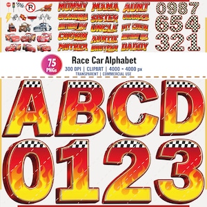 Puede incluir: Un conjunto gráfico digital titulado Race Car Alphabet que contiene 75 archivos PNG. La colección incluye las letras A-D y los números 0-3 con un patrón de llamas rojas y amarillas y un borde a cuadros, además de varios iconos y textos de carreras.