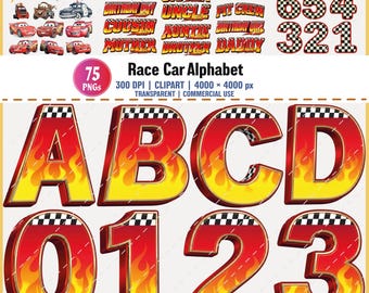 May include: A digital graphic set titled Race Car Alphabet featuring 75 PNG files. The collection includes letters A-D and numbers 0-3 in a red and yellow flame pattern with a checkered flag border, plus various race car themed icons and text.
