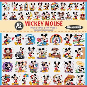 May include: A collection of 150 Mickey Mouse PNGs in various poses and activities. The images include Mickey Mouse with a paintbrush, surfing, and holding gifts. The text "MICKEY MOUSE" and "MEGA BUNDLE" are also visible.