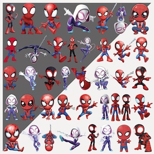 May include: A collection of cartoon-style Spider-Man and Spider-Gwen figures in various poses. The figures are primarily red, blue, black, and white, with distinct web patterns and mask designs. Some figures are swinging or using webs.