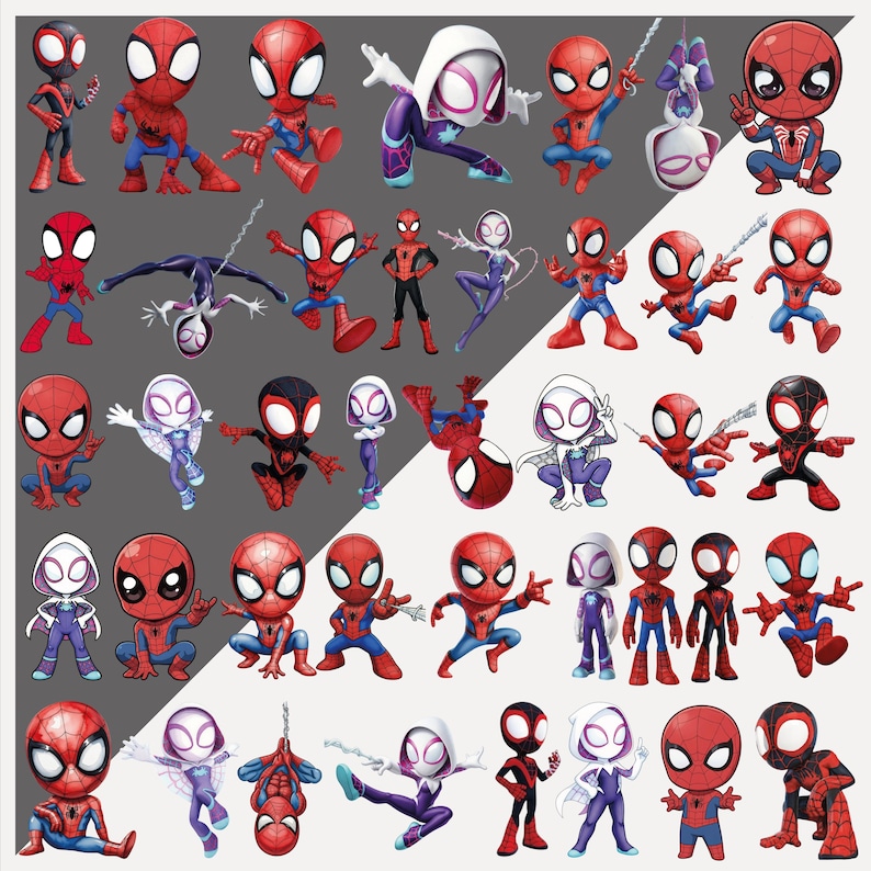 May include: A collection of cartoon-style Spider-Man and Spider-Gwen figures in various poses. The figures are primarily red, blue, black, and white, with distinct web patterns and mask designs. Some figures are swinging or using webs.