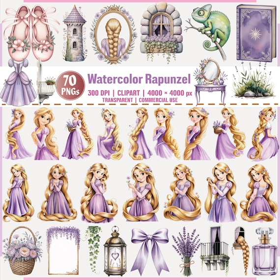 Watercolor Rapunzel PNG Clipart Bundle, Princess Characters & Decor