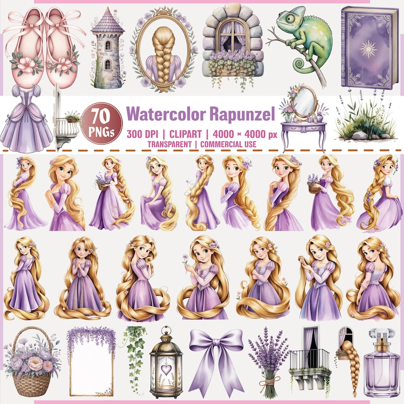 May include: A digital collection of 70 watercolor Rapunzel-themed clipart PNGs featuring a character with long blonde hair in a purple dress, a tower, a chameleon, a book, a vanity, a basket of flowers, a lantern, and a purple bow.