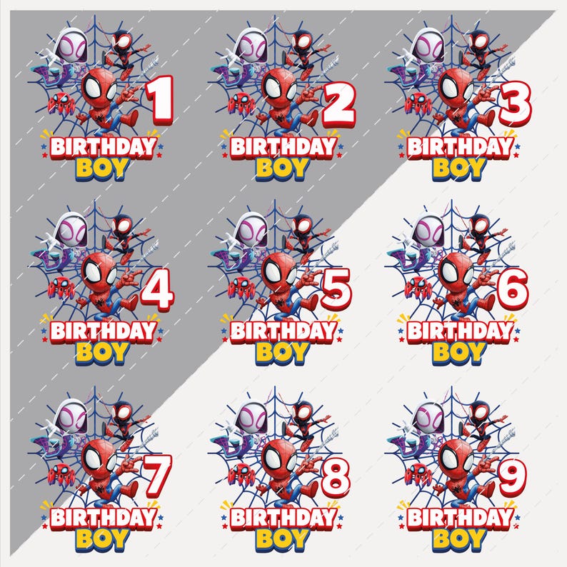 May include: A set of nine birthday-themed designs featuring the Spider-Man character. Each design includes a number from one to nine, the words "BIRTHDAY BOY", and other Spider-Man characters. The designs are in red, blue, white, and yellow.