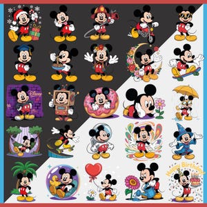 May include: A collection of Mickey Mouse character illustrations in various poses and outfits. Mickey is depicted as a firefighter, astronaut, and in other themed designs. The images are set against a black and white background with blue and red borders.