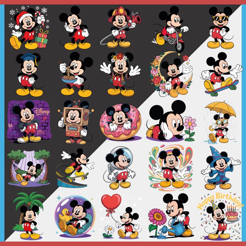 May include: A collection of Mickey Mouse character illustrations in various poses and outfits. Mickey is depicted as a firefighter, astronaut, and in other themed designs. The images are set against a black and white background with blue and red borders.