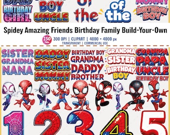 May include: A digital clipart set featuring various birthday-themed text elements like "Dad," "Mommy," and "Birthday Boy," along with Spider-Man characters and numbers 1-5. The design includes a transparent background and is suitable for commercial use.
