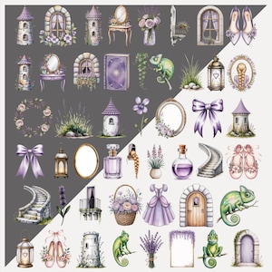Watercolor Rapunzel PNG Clipart Bundle, Princess Characters & Decor image 3