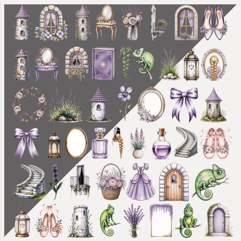 Watercolor Rapunzel PNG Clipart Bundle, Princess Characters & Decor image 3