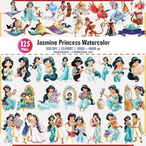 Può includere: Una collezione di illustrazioni ad acquerello con la Principessa Jasmine di Aladdin. Le immagini mostrano Jasmine in varie pose e abiti, con altri personaggi ed elementi del film. Il testo "125 PNGS" e "Jasmine Princess Watercolor" è anche visibile.