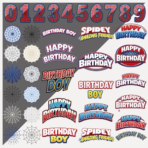 May include: A collection of birthday-themed graphics featuring the numbers 0-9 in red and blue, along with various text designs. The text includes "Birthday Boy," "Happy Birthday," and "Spidey & Amazing Friends," all in a comic book style.