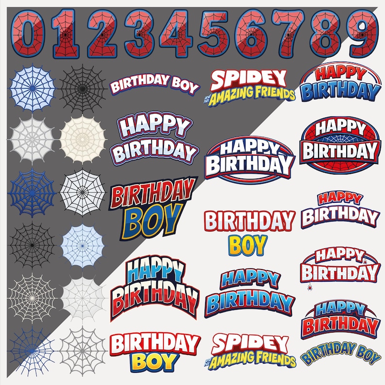 May include: A collection of birthday-themed graphics featuring the numbers 0-9 in red and blue, along with various text designs. The text includes "Birthday Boy," "Happy Birthday," and "Spidey & Amazing Friends," all in a comic book style.