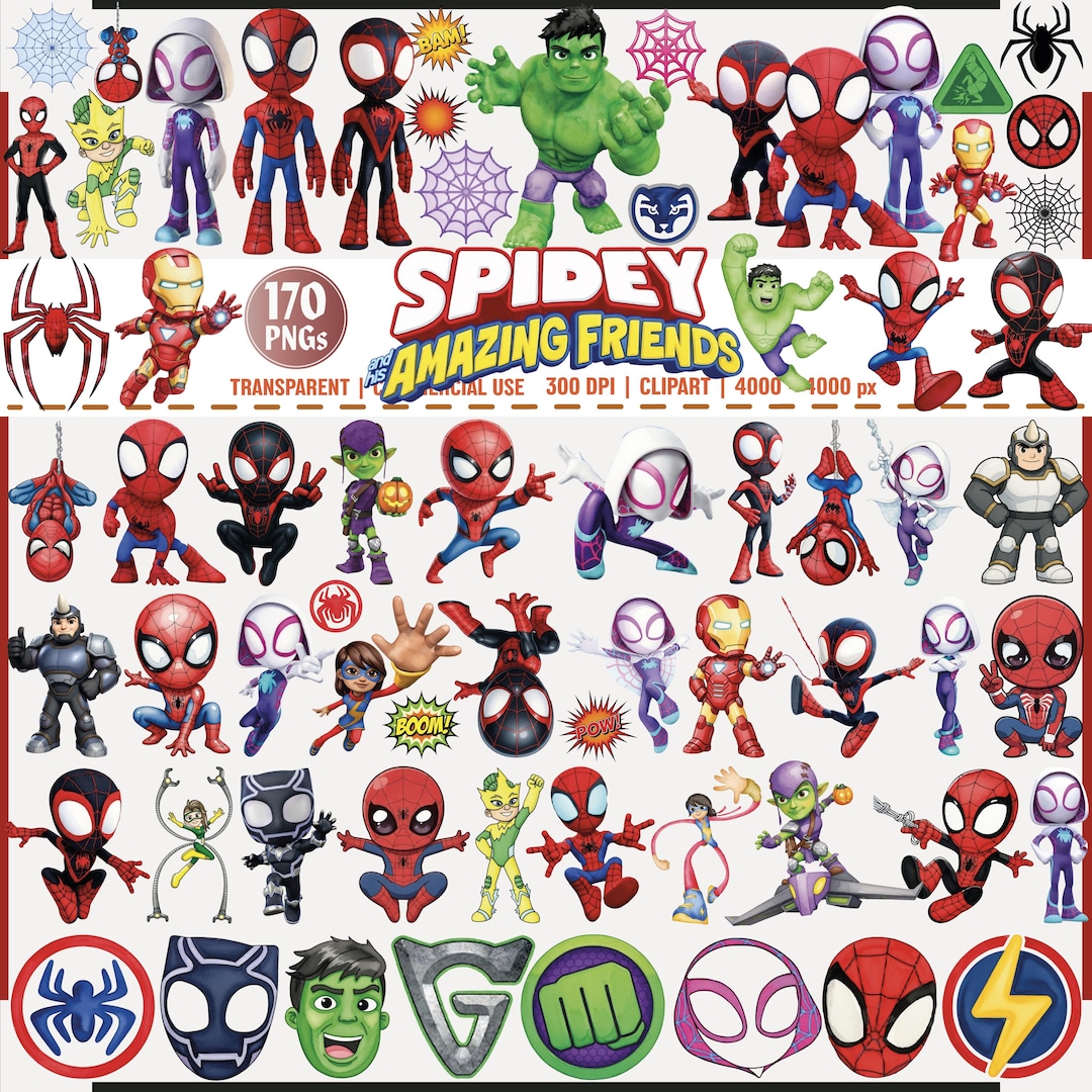 Spidey and Friends Watercolor Clipart Bundle, Superhero PNG (digital