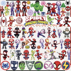 Puede incluir: Una colección de 170 PNGs con varios personajes de Spider-Man e imágenes relacionadas. La imagen incluye ilustraciones de Spider-Man, Hulk y otros héroes, junto con logotipos y elementos de cómics. También está presente el texto "Spidey and Amazing Friends".