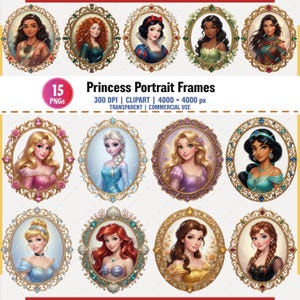 Puede incluir: Una colección de 15 archivos PNG digitales con retratos de princesas ilustrados en marcos ovalados ornamentados. El texto Princess Portrait Frames, 300 DPI, CLIPART, 4000 x 4000 px, TRANSPARENT y COMMERCIAL USE aparece en el centro.