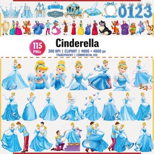 May include: A collection of Cinderella-themed digital clip art images. The images include Cinderella in a blue gown, various characters, a carriage, and other related elements. The text "Cinderella" is displayed prominently.