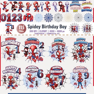 May include: A collection of Spidey-themed birthday graphics. The images include various Spiderman characters, numbers, spiderwebs, and the text "Happy Birthday" in red, blue, and white. The set includes clipart and is suitable for commercial use.