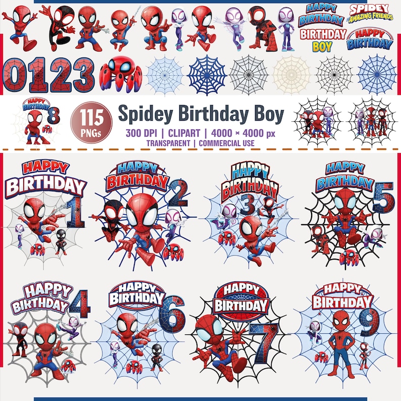 May include: A collection of Spidey-themed birthday graphics. The images include various Spiderman characters, numbers, spiderwebs, and the text "Happy Birthday" in red, blue, and white. The set includes clipart and is suitable for commercial use.