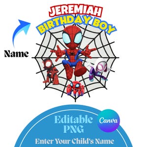 以下が含まれることがあります： スパイダーマンと他のキャラクターが登場するカラフルなグラフィックで、「Jeremiah Birthday Boy」のテキストが入っています。デザインにはクモの巣の背景と「Enter Your Child's Name」と書かれた青いバナーが含まれています。
