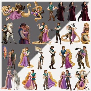 May include: A collection of illustrations featuring characters from the animated film "Tangled." The images showcase Rapunzel, Flynn Rider, and other characters in various poses. The color palette includes purples, greens, and browns.