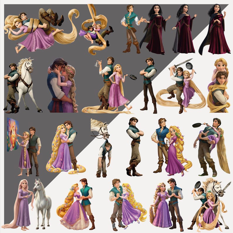 May include: A collection of illustrations featuring characters from the animated film "Tangled." The images showcase Rapunzel, Flynn Rider, and other characters in various poses. The color palette includes purples, greens, and browns.