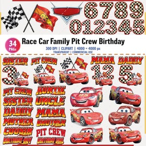 Op de afbeelding: Een verzameling digitale clipart met een racewagenthema. Bevat geblokte vlaggen, het nummer 95 en diverse nummers. Bevat ook afbeeldingen van het personage Lightning McQueen en de tekst "Race Car Family Pit Crew Birthday".