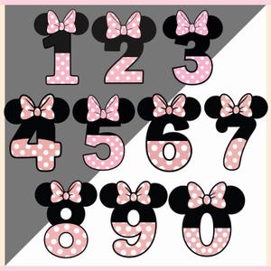 May include: A set of numbers 0-9, each designed with black mouse ears and a pink bow. The numbers are black with a pink and white polka dot pattern. The design is reminiscent of a popular cartoon character.