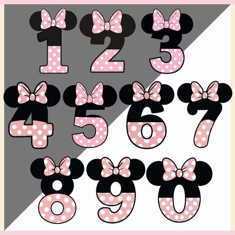 May include: A set of numbers 0-9, each designed with black mouse ears and a pink bow. The numbers are black with a pink and white polka dot pattern. The design is reminiscent of a popular cartoon character.